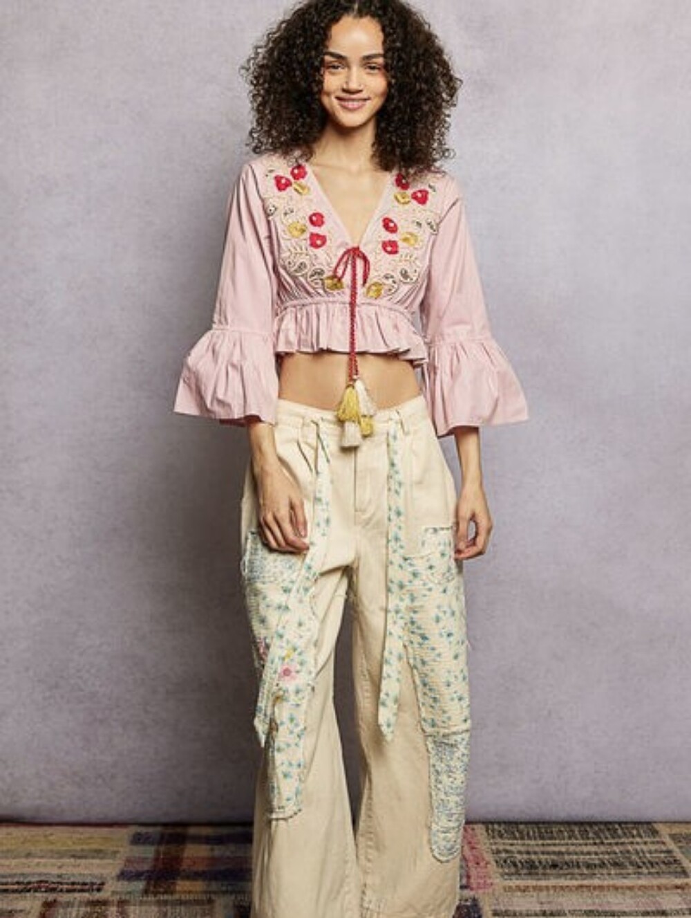 🌸POL Floral Embroidered Cropped Blouse with Flared Ruffle Sleeves - Picture 4 of 5